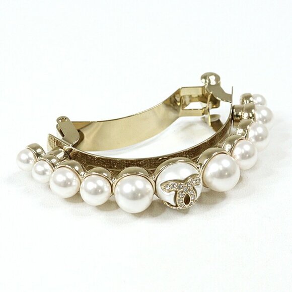 CHANEL Gold White Barrette Fake Pearl Rhinestone Coco Mark Hair - Picture 1 of 3